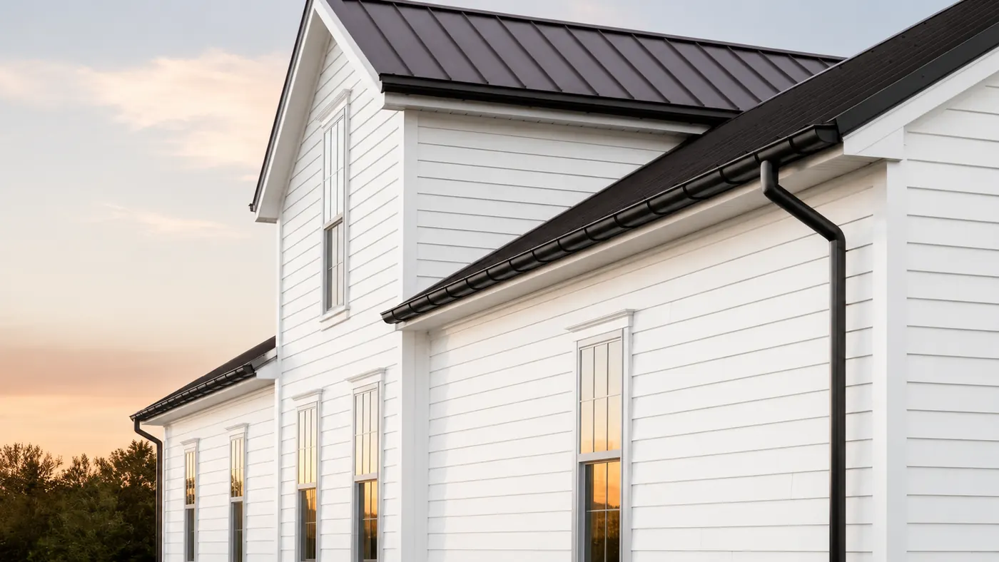 House with white siding and black seamless gutters