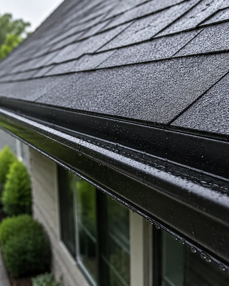 Rain beading on a continuous seamless gutter along a shingled roofline